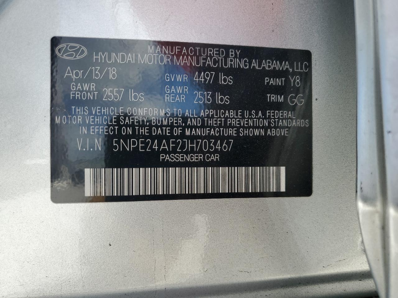 2018 Hyundai Sonata VIN 5NPE24AF2JH703467 Copart auction photo, front end damage thumbnail 13