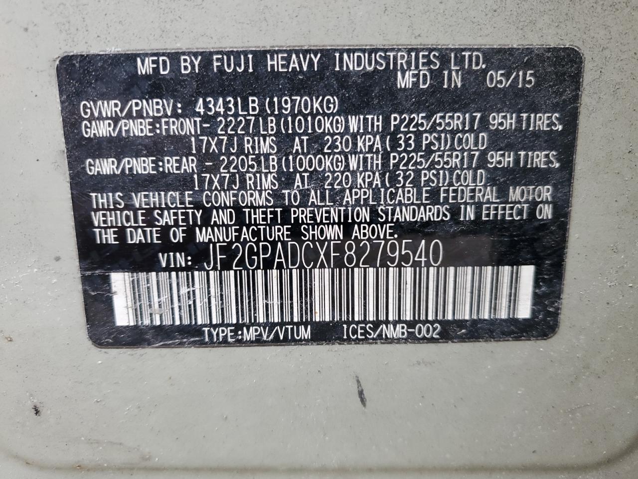 2015 Subaru XV VIN JF2GPADCXF8279540 Copart auction photo, front end / side damage thumbnail 14