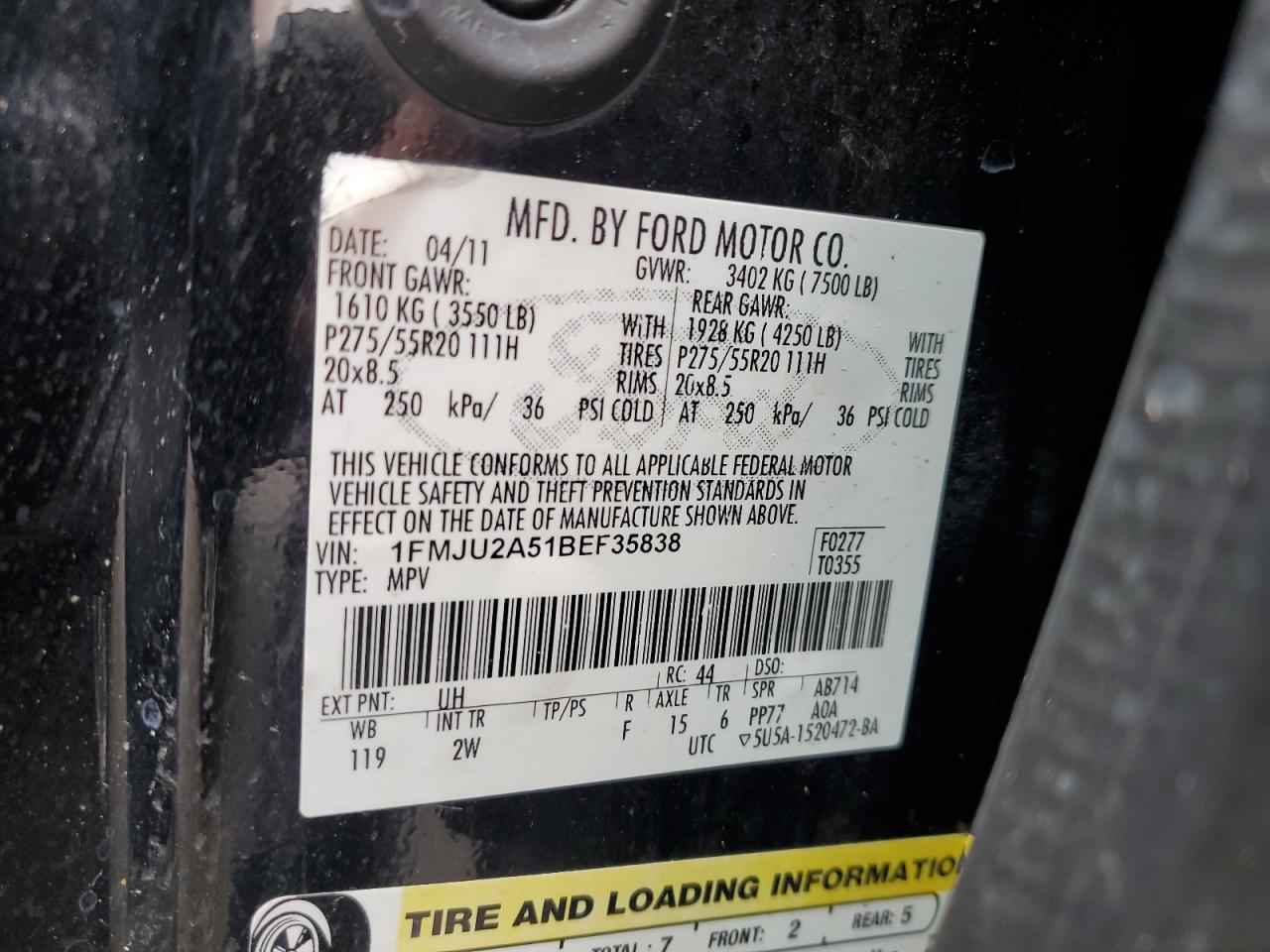 2011 Ford Expedition VIN 1FMJU2A51BEF35838 Copart auction photo, water/flood damage thumbnail 14