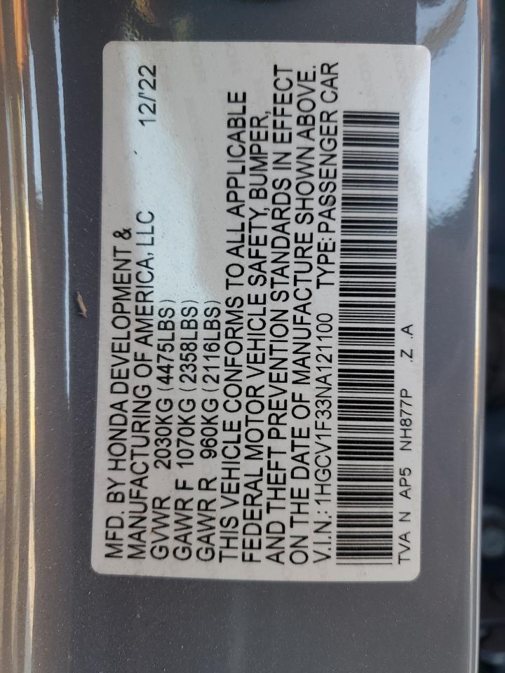 2022 Honda Accord VIN 1HGCV1F33NA121100 Copart auction photo, rear end / minor dent/scratches damage thumbnail 12