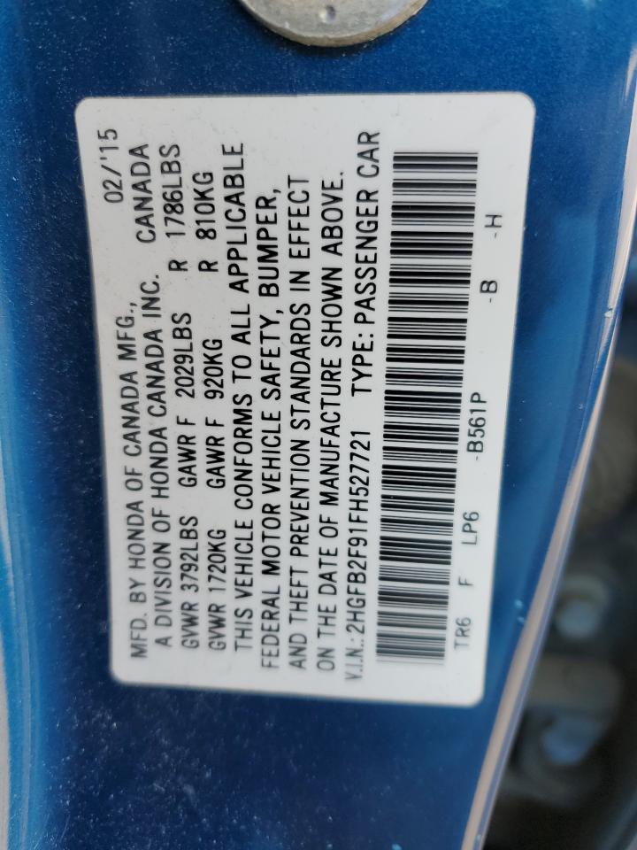 2015 Honda Civic VIN 2HGFB2F91FH527721 Copart auction photo, front end damage thumbnail 12