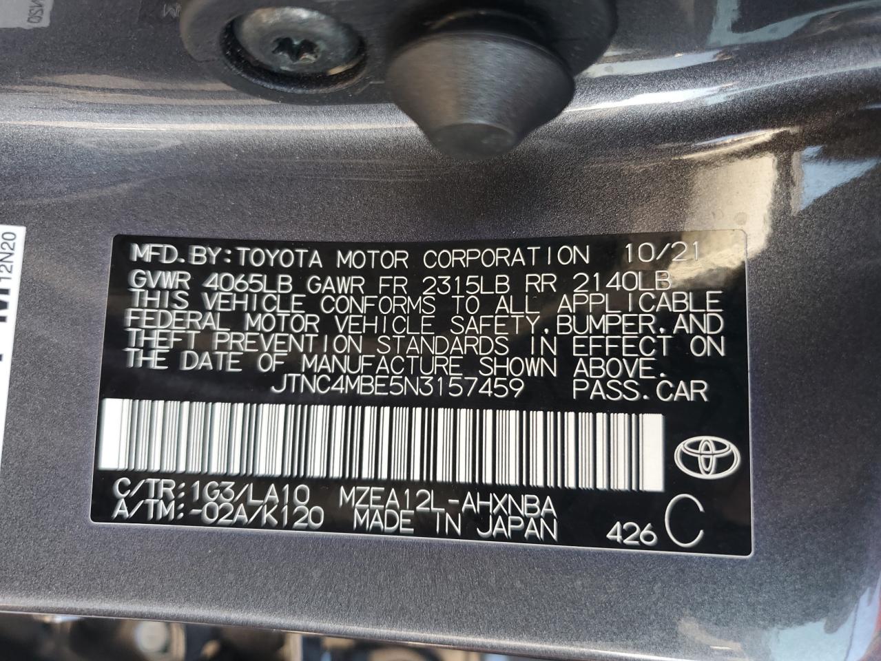 2022 Toyota Corolla VIN JTNC4MBE5N3157459 Copart auction photo, side / front end damage thumbnail 12