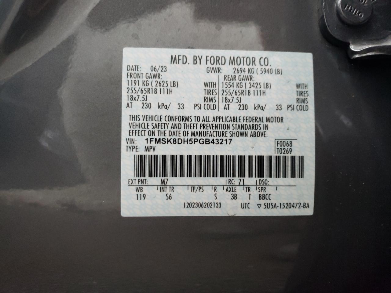 2023 Ford Explorer VIN 1FMSK8DH5PGB43217 Copart auction photo, front end / rear end damage thumbnail 14