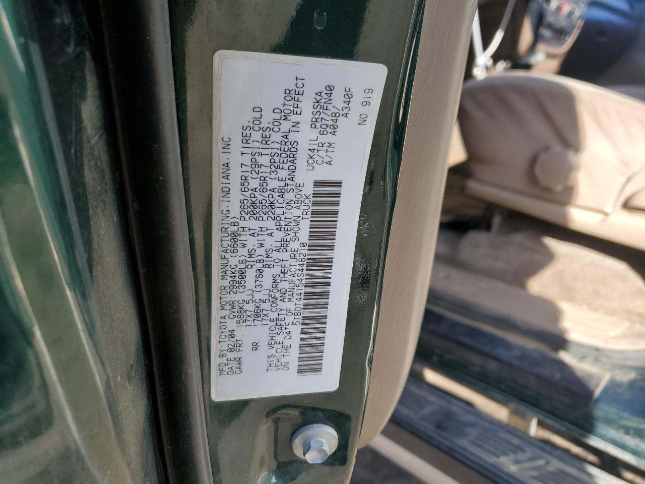 2004 Toyota Tundra VIN 5TBDT44154S446210 Copart auction photo, front end / rear end damage thumbnail 12