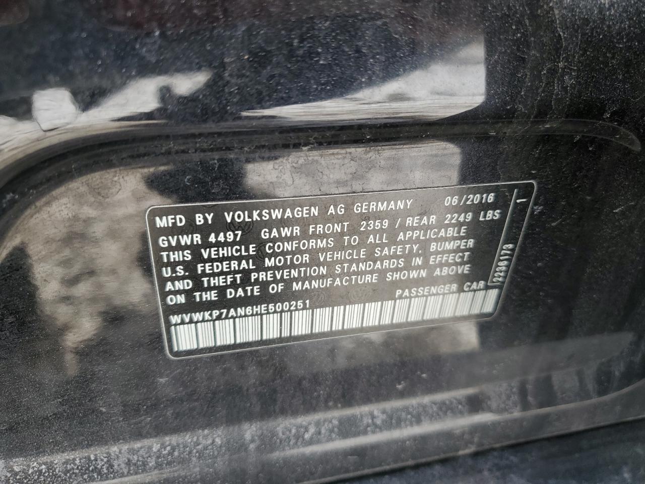 2017 Volkswagen Passat CC VIN WVWKP7AN6HE500251 Copart auction photo, front end damage thumbnail 12