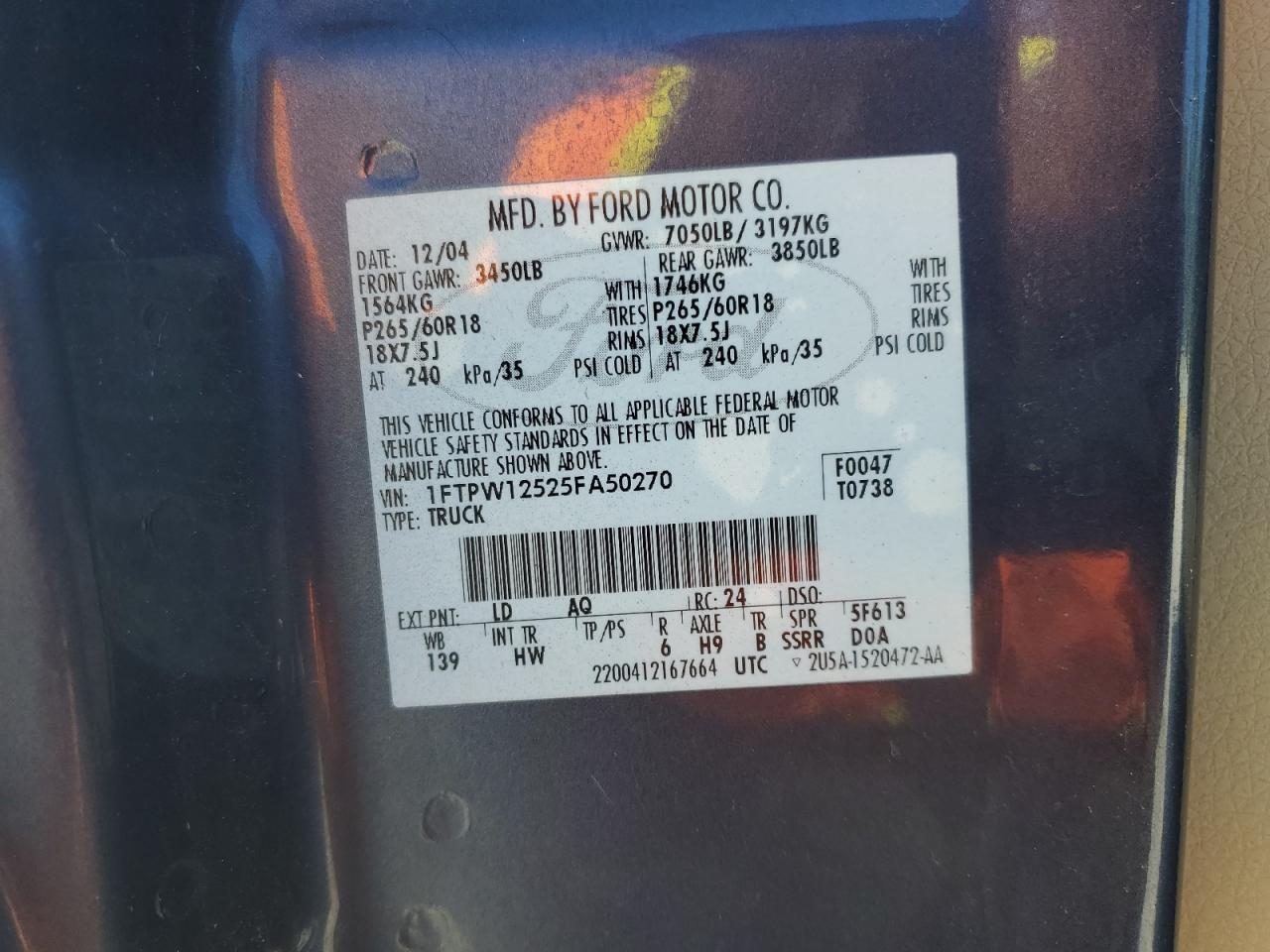 2005 Ford F-150 VIN 1FTPW12525FA50270 Copart auction photo, mechanical / minor dent/scratches damage thumbnail 12