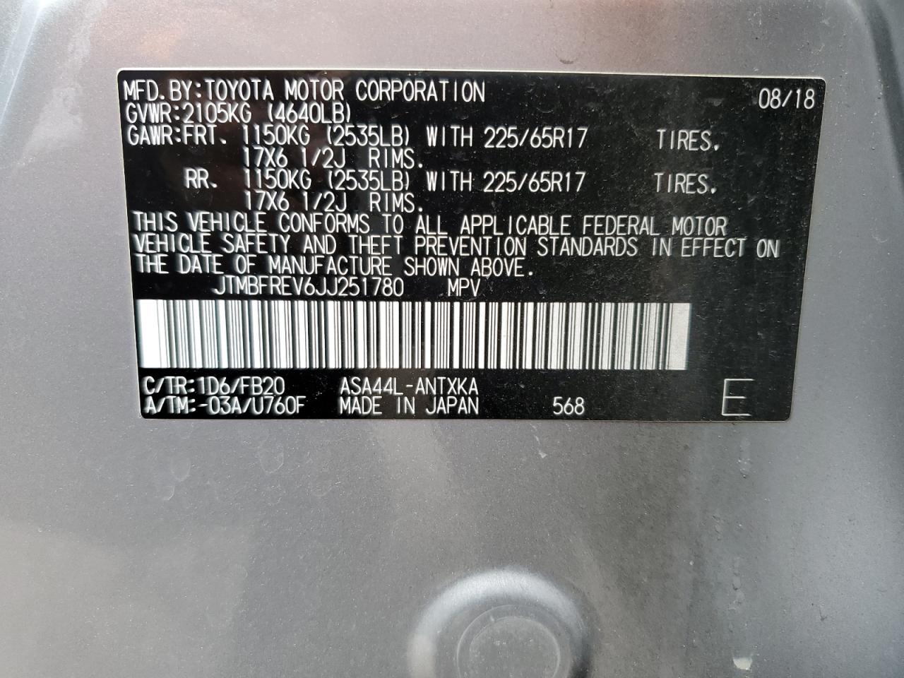 2018 Toyota RAV 4 VIN JTMBFREV6JJ251780 Copart auction photo, front end / minor dent/scratches damage thumbnail 13