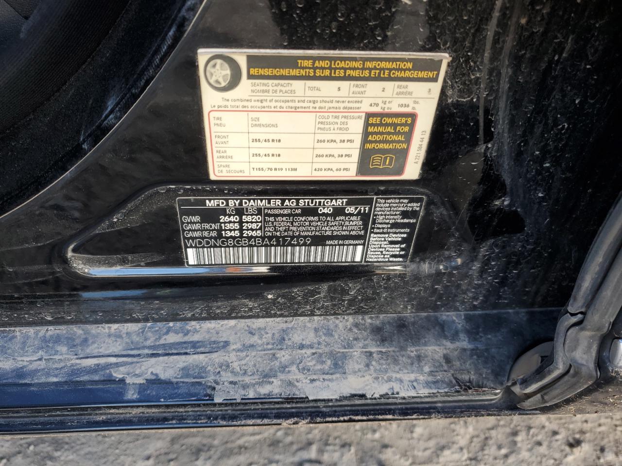 2011 Mercedes-Benz S-klasse VIN WDDNG8GB4BA417499 Copart auction photo, front end / side damage thumbnail 12