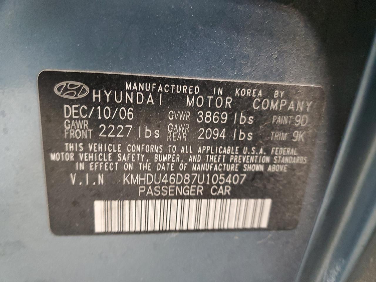 2007 Hyundai Elantra VIN KMHDU46D87U105407 Copart auction photo, front end / minor dent/scratches damage thumbnail 12