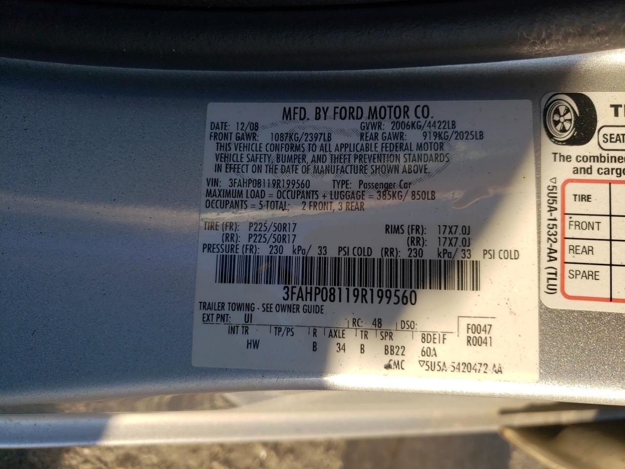 2009 Ford Fusion VIN 3FAHP08119R199560 Copart auction photo, all over / frame damage damage thumbnail 13