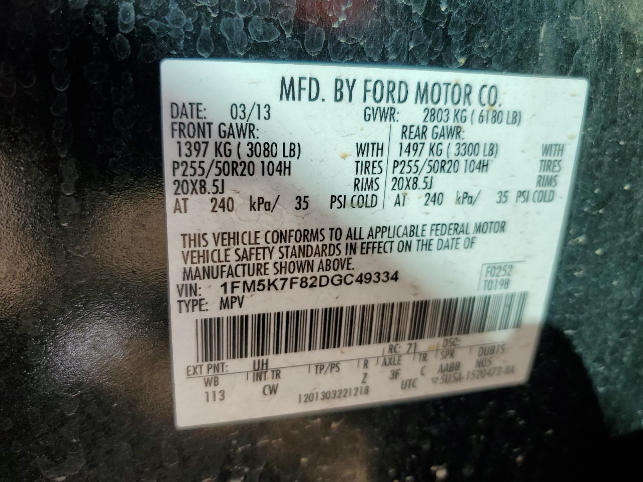2013 Ford Explorer VIN 1FM5K7F82DGC49334 Copart auction photo, minor dent/scratches damage thumbnail 13