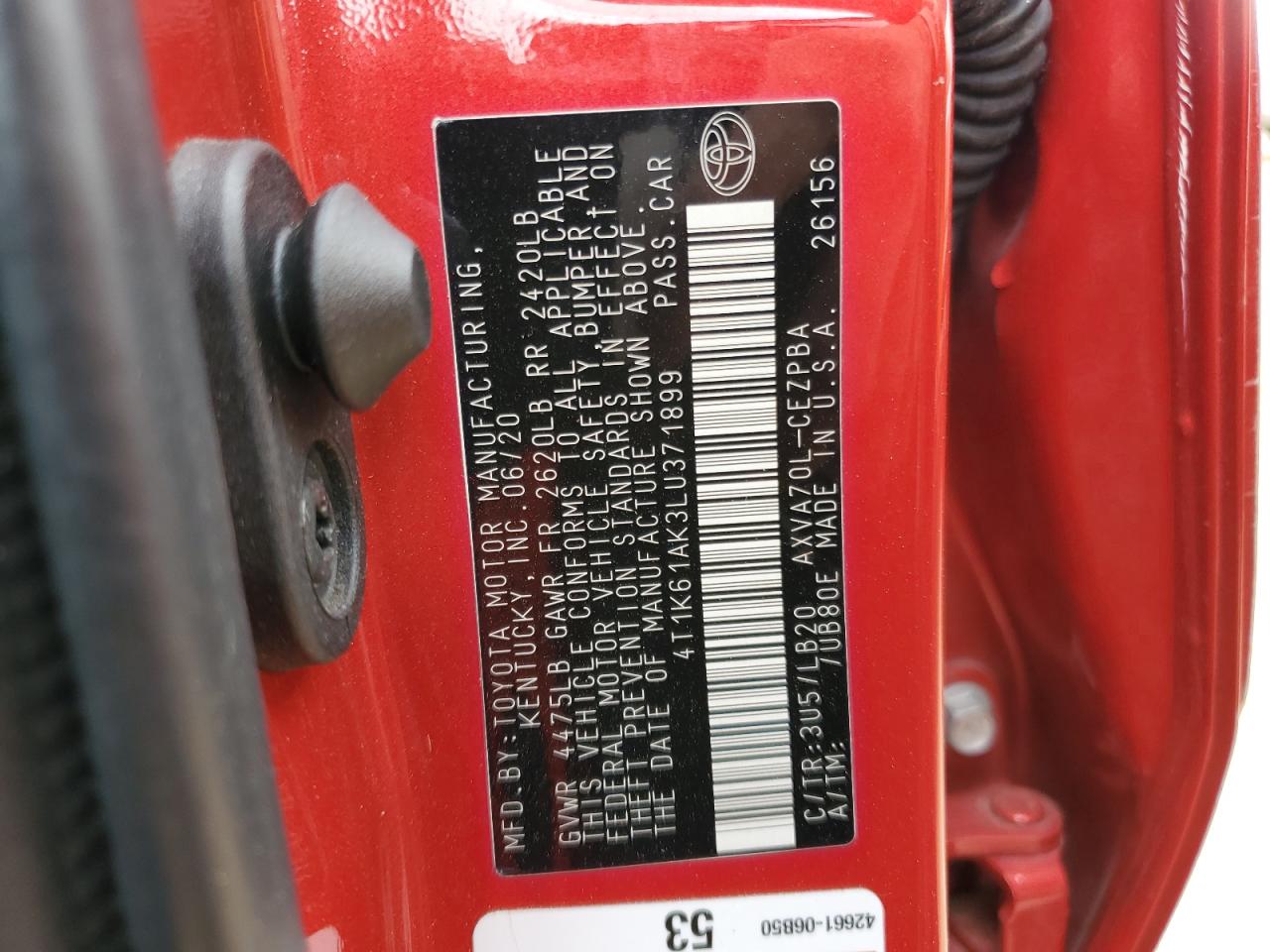 2020 Toyota Camry VIN 4T1K61AK3LU371899 Copart auction photo, side damage thumbnail 14