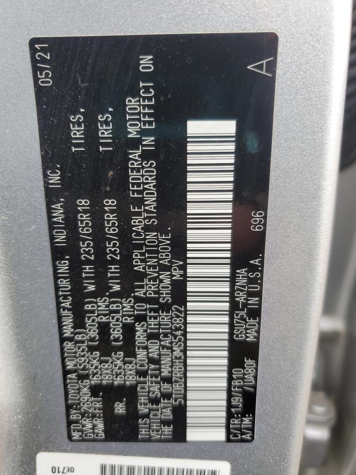 2021 Toyota Highlander VIN 5TDBZRBH3MS543822 Copart auction photo, rear end damage thumbnail 14