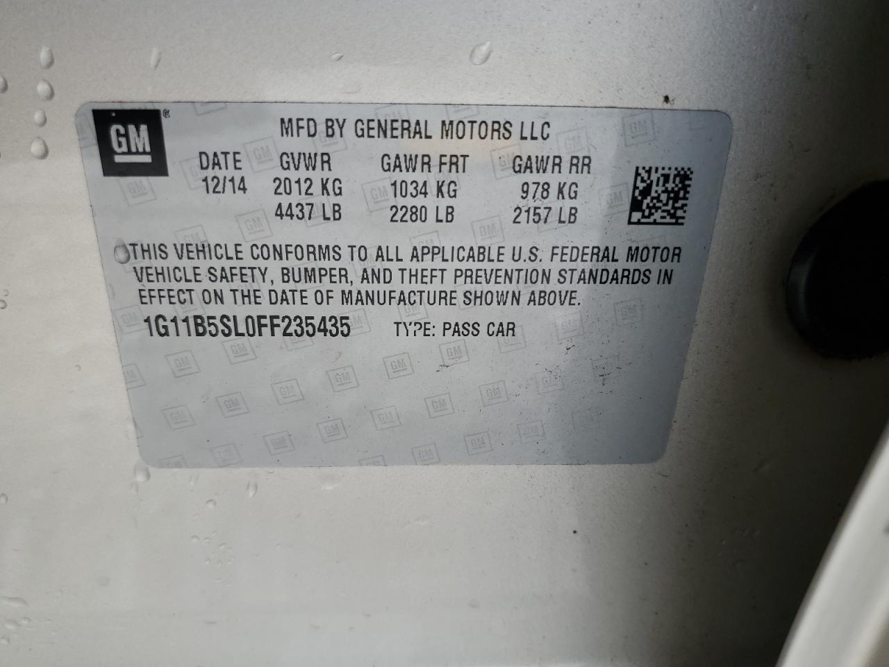 2015 Chevrolet Malibu VIN 1G11B5SL0FF235435 Copart auction photo, hail damage thumbnail 13