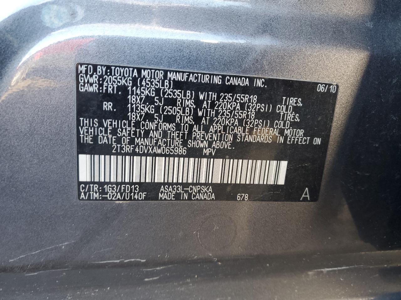 2010 Toyota RAV 4 VIN 2T3RF4DVXAW065986 Copart auction photo, front end damage thumbnail 14