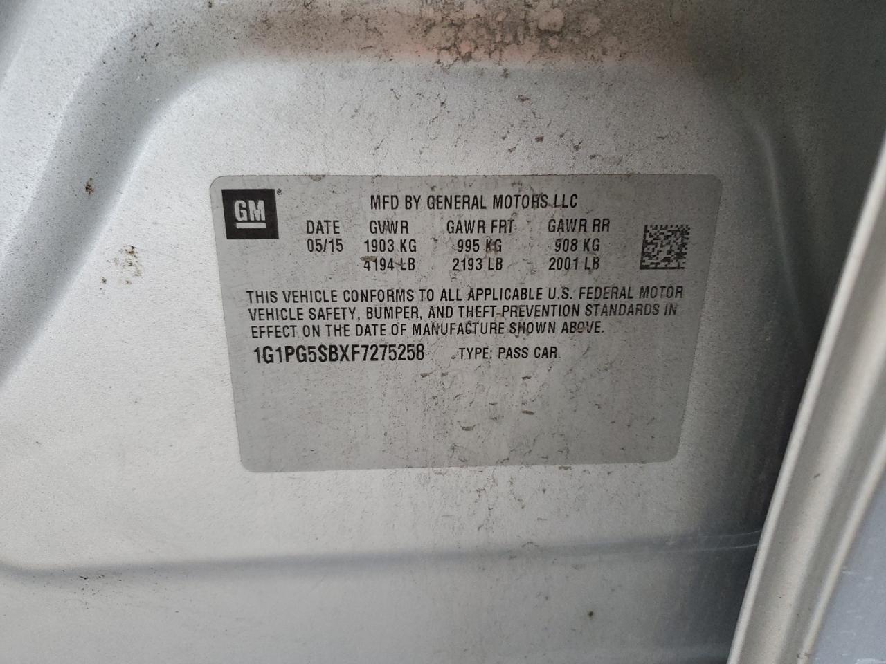 2015 Chevrolet Cruze VIN 1G1PG5SBXF7275258 Copart auction photo, front end damage thumbnail 12