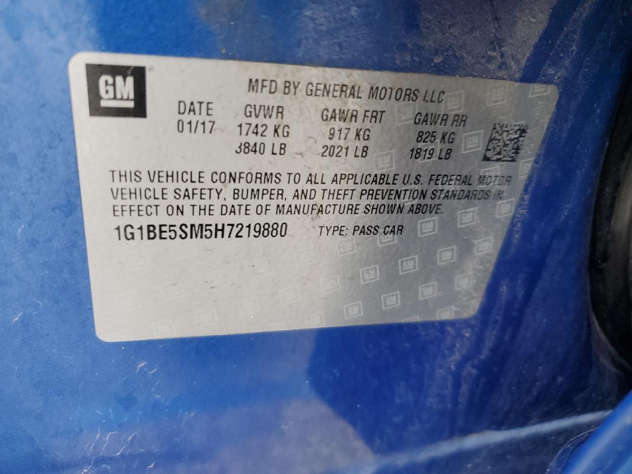 2017 Chevrolet Cruze VIN 1G1BE5SM5H7219880 Copart auction photo, rear end / front end damage thumbnail 12