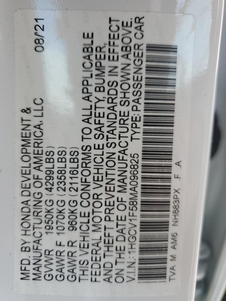 2021 Honda Accord VIN 1HGCV1F58MA096825 Copart auction photo, side / front end damage thumbnail 13