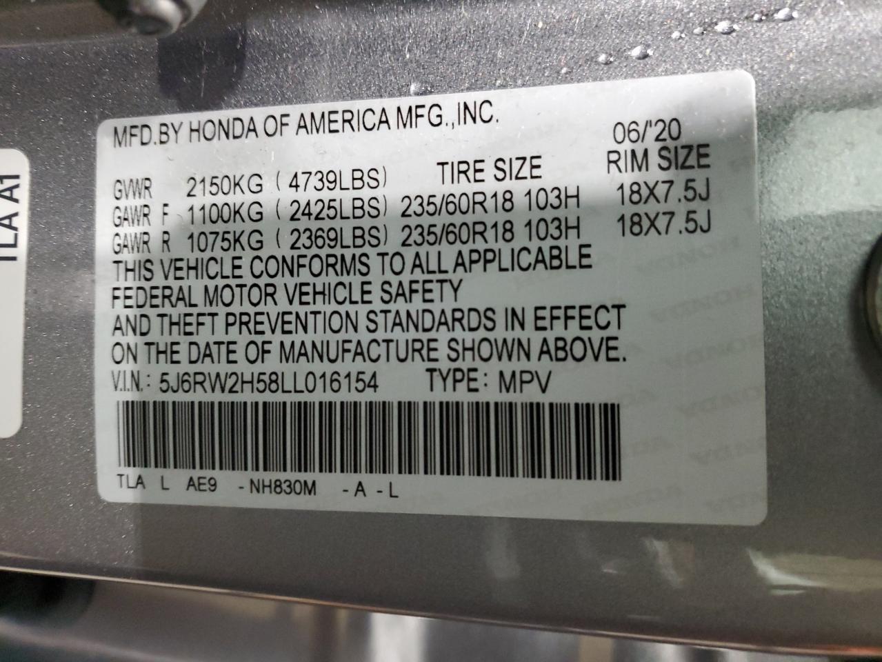 2020 Honda CR-V VIN 5J6RW2H58LL016154 Copart auction photo, front end damage thumbnail 13
