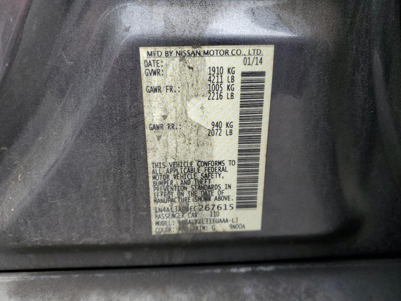 2014 Nissan Altima VIN 1N4AL3AP4EC267615 Copart auction photo, front end / rear end damage thumbnail 12