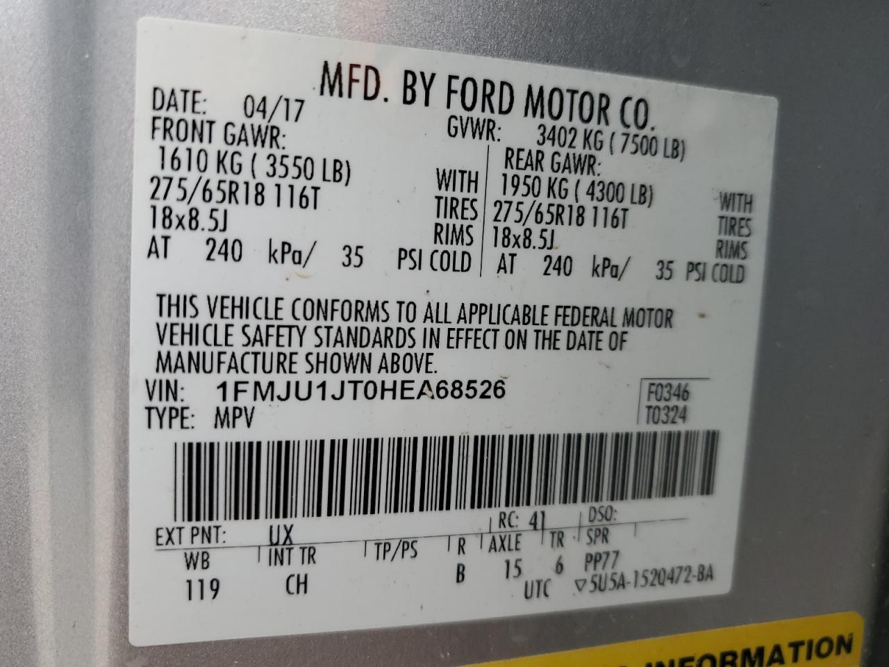 2017 Ford Expedition VIN 1FMJU1JT0HEA68526 Copart auction photo, front end damage thumbnail 14