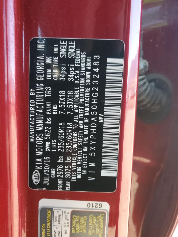 2017 KIA Sorento VIN 5XYPHDA50HG232483 Copart auction photo, rear end / side damage thumbnail 12