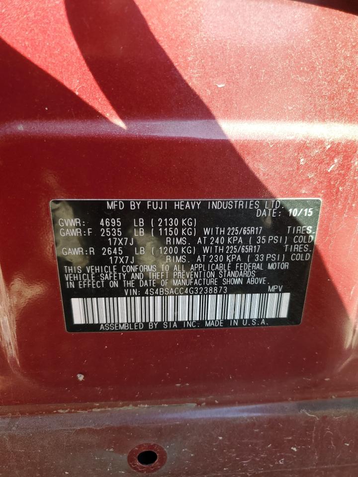 2016 Subaru Outback VIN 4S4BSACC4G3238873 Copart auction photo, front end / side damage thumbnail 14