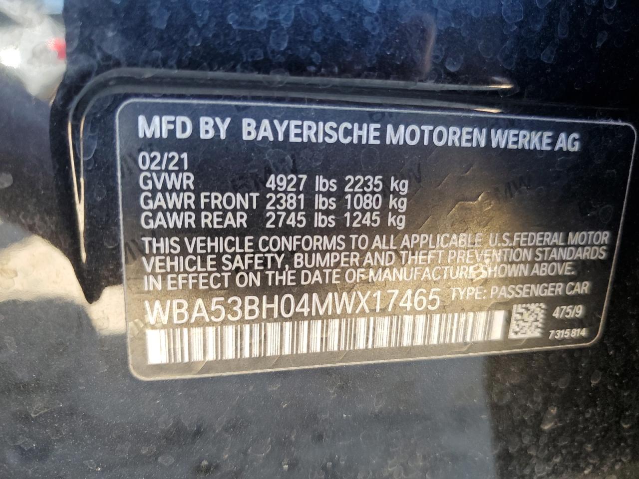 2021 BMW 5er VIN WBA53BH04MWX17465 Copart auction photo, front end damage thumbnail 14
