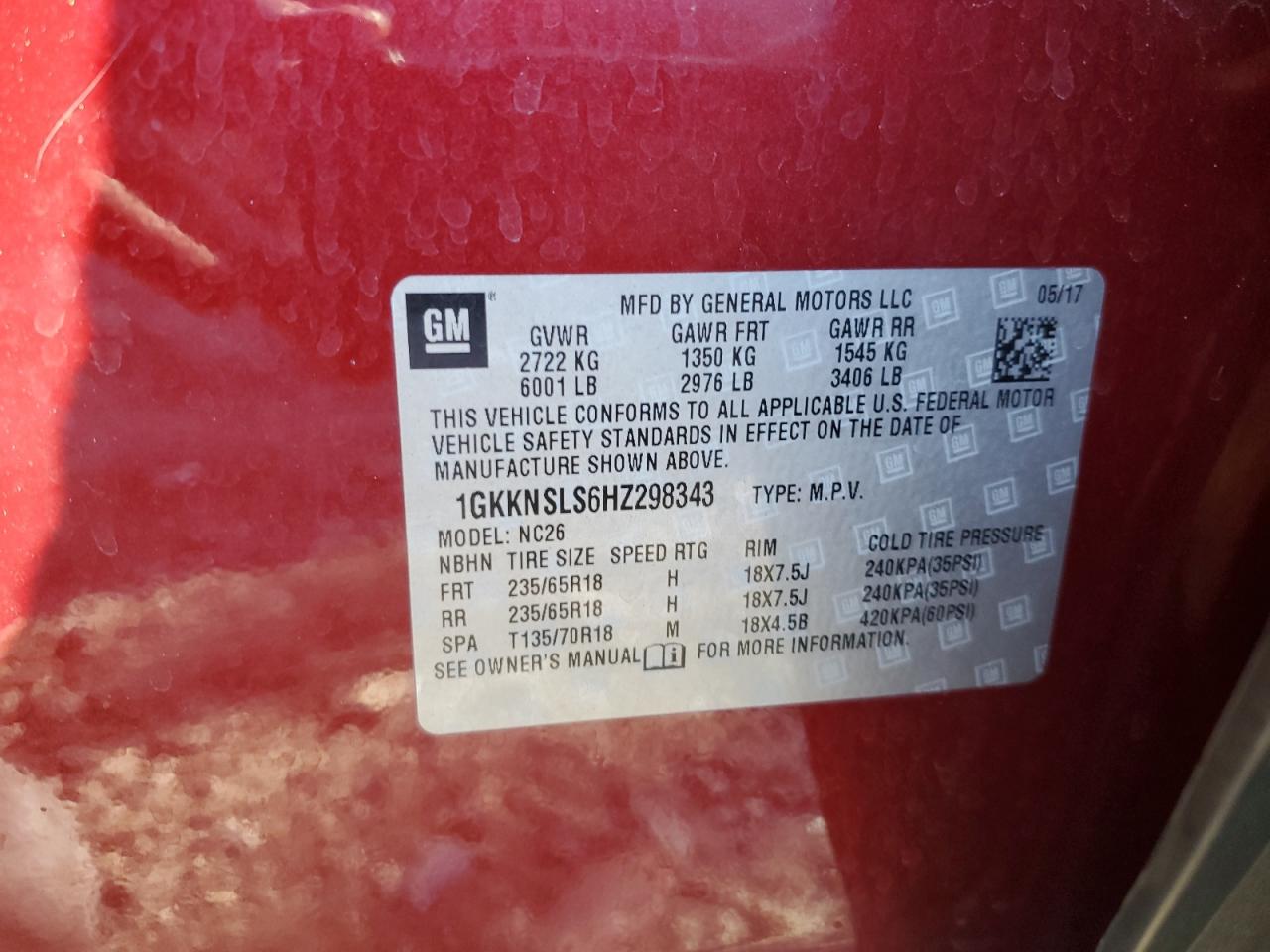 2017 GMC Acadia VIN 1GKKNSLS6HZ298343 Copart auction photo, rear end / side damage thumbnail 13