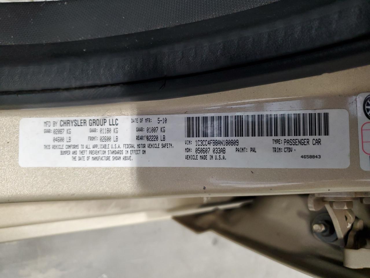 2010 Chrysler Sebring VIN 1C3CC4FB8AN180809 Copart auction photo, rear end damage thumbnail 12