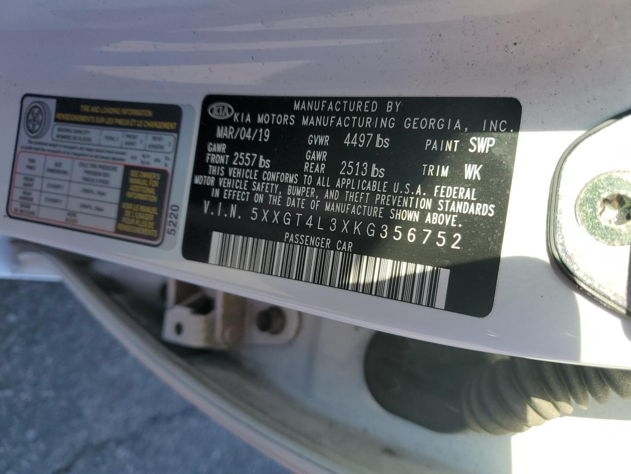 2019 KIA Optima VIN 5XXGT4L3XKG356752 Copart auction photo, rear end damage thumbnail 13