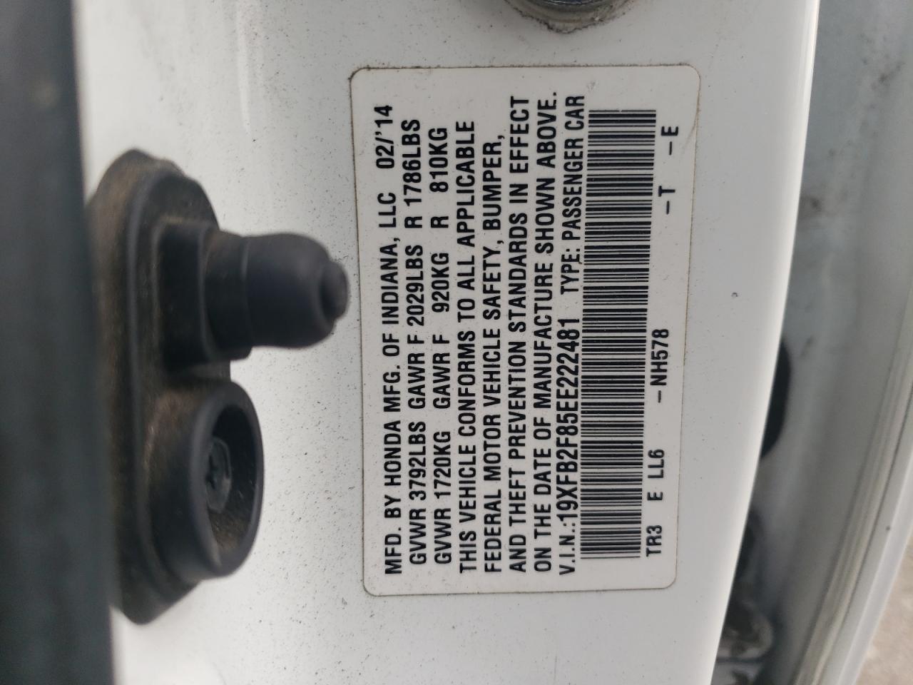 2014 Honda Civic VIN 19XFB2F85EE222481 Copart auction photo, rear end / side damage thumbnail 14