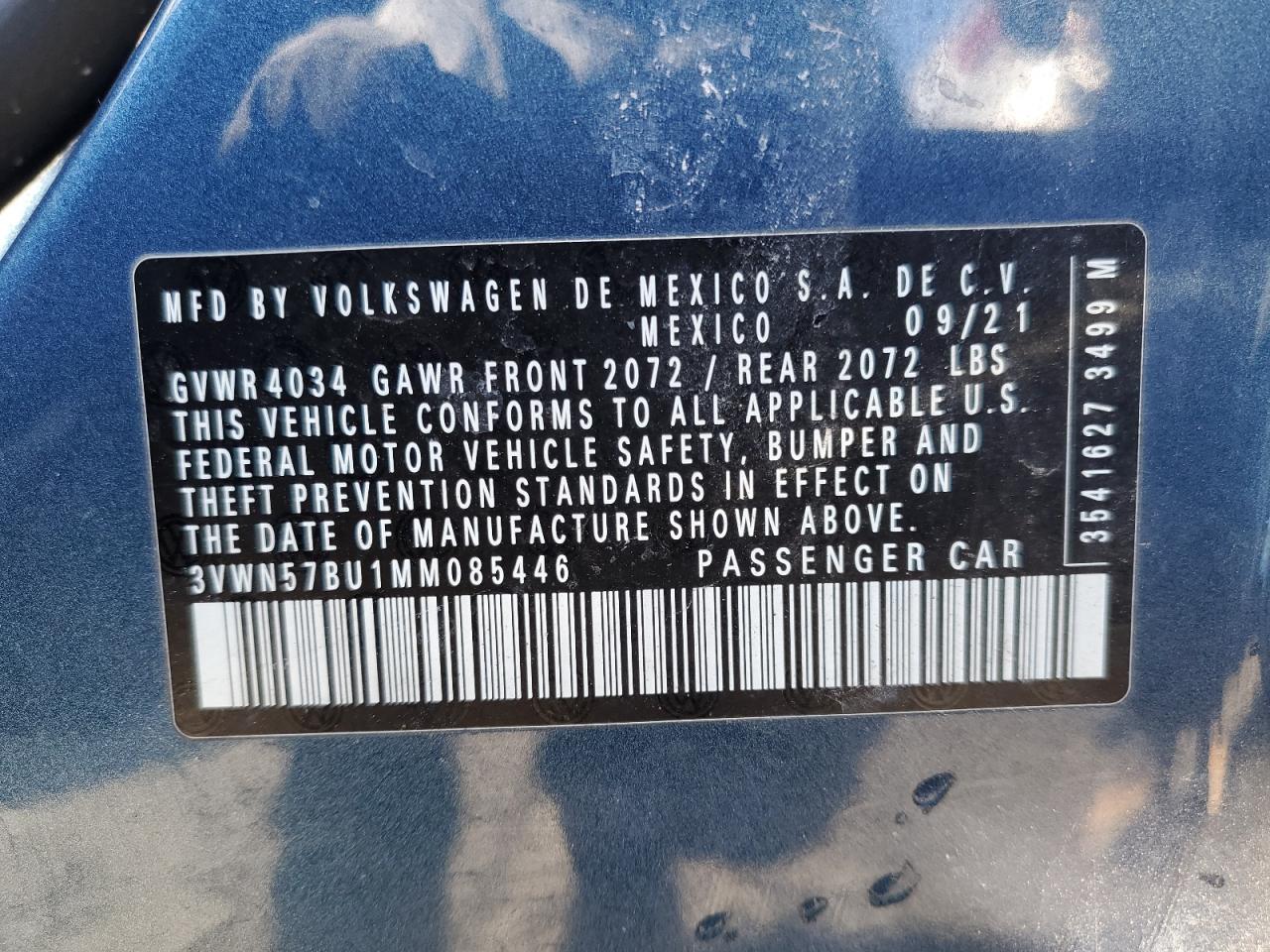2021 Volkswagen Jetta VIN 3VWN57BU1MM085446 Copart auction photo, side / all over damage thumbnail 13