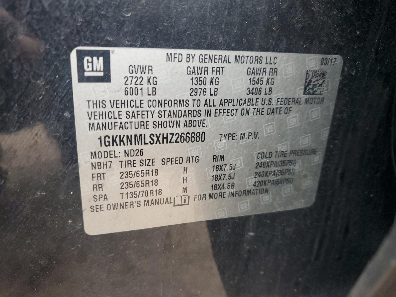 2017 GMC Acadia VIN 1GKKNMLSXHZ266880 Copart auction photo, rear end damage thumbnail 13