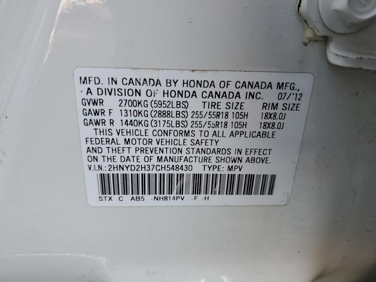 2012 Acura MDX VIN 2HNYD2H37CH548430 Copart auction photo, front end damage thumbnail 13