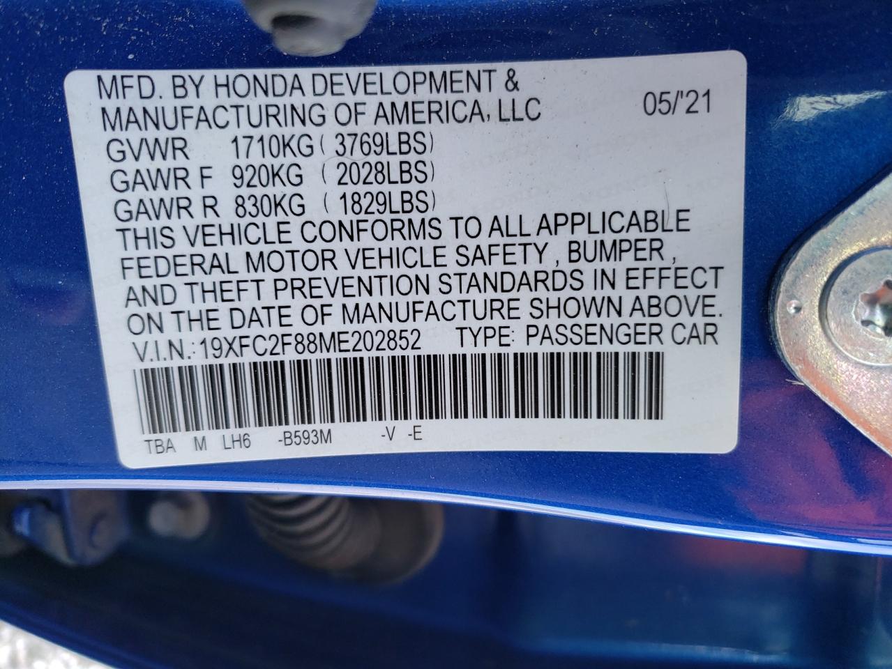 2021 Honda Civic VIN 19XFC2F88ME202852 Copart auction photo, front end / rear end damage thumbnail 15