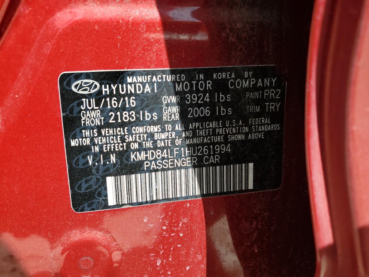 2017 Hyundai Elantra VIN KMHD84LF1HU261994 Copart auction photo, rear end / minor dent/scratches damage thumbnail 13