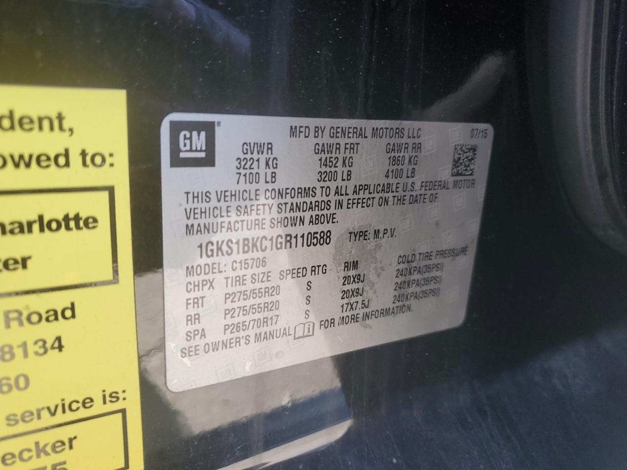 2016 GMC Yukon VIN 1GKS1BKC1GR110588 Copart auction photo, front end / side damage thumbnail 15