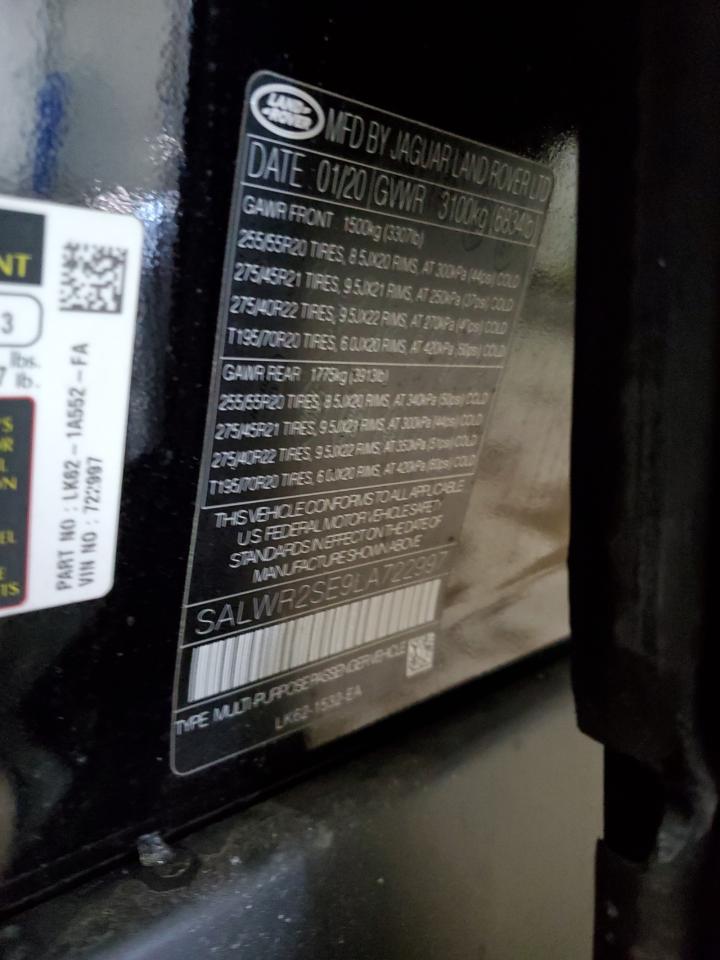 2020 Land Rover Range Rover VIN SALWR2SE9LA722997 Copart auction photo, side damage thumbnail 13