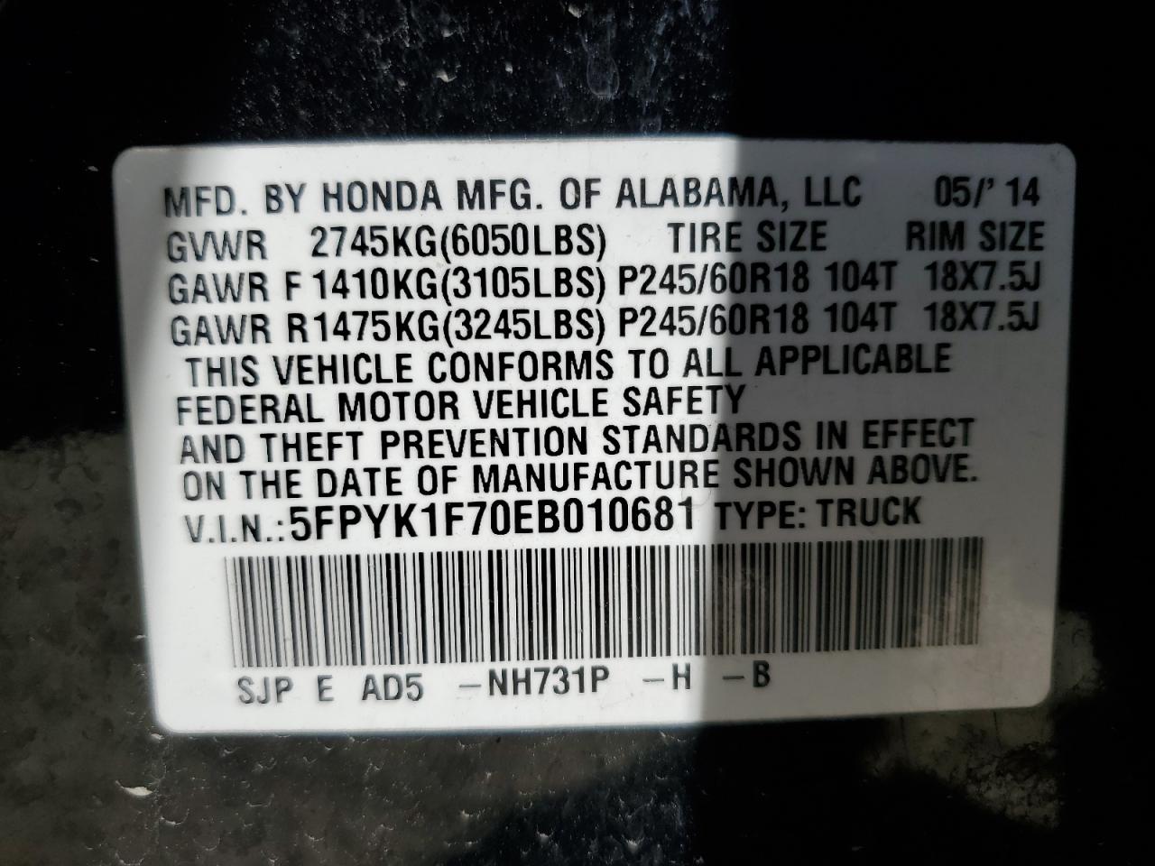 2014 Honda Ridgeline VIN 5FPYK1F70EB010681 Copart auction photo, front end / minor dent/scratches damage thumbnail 12