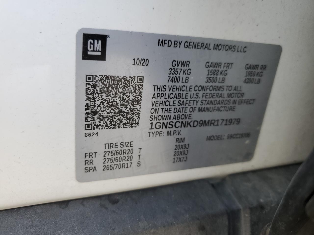 2021 Chevrolet Tahoe VIN 1GNSCNKD9MR171979 Copart auction photo, mechanical damage thumbnail 14