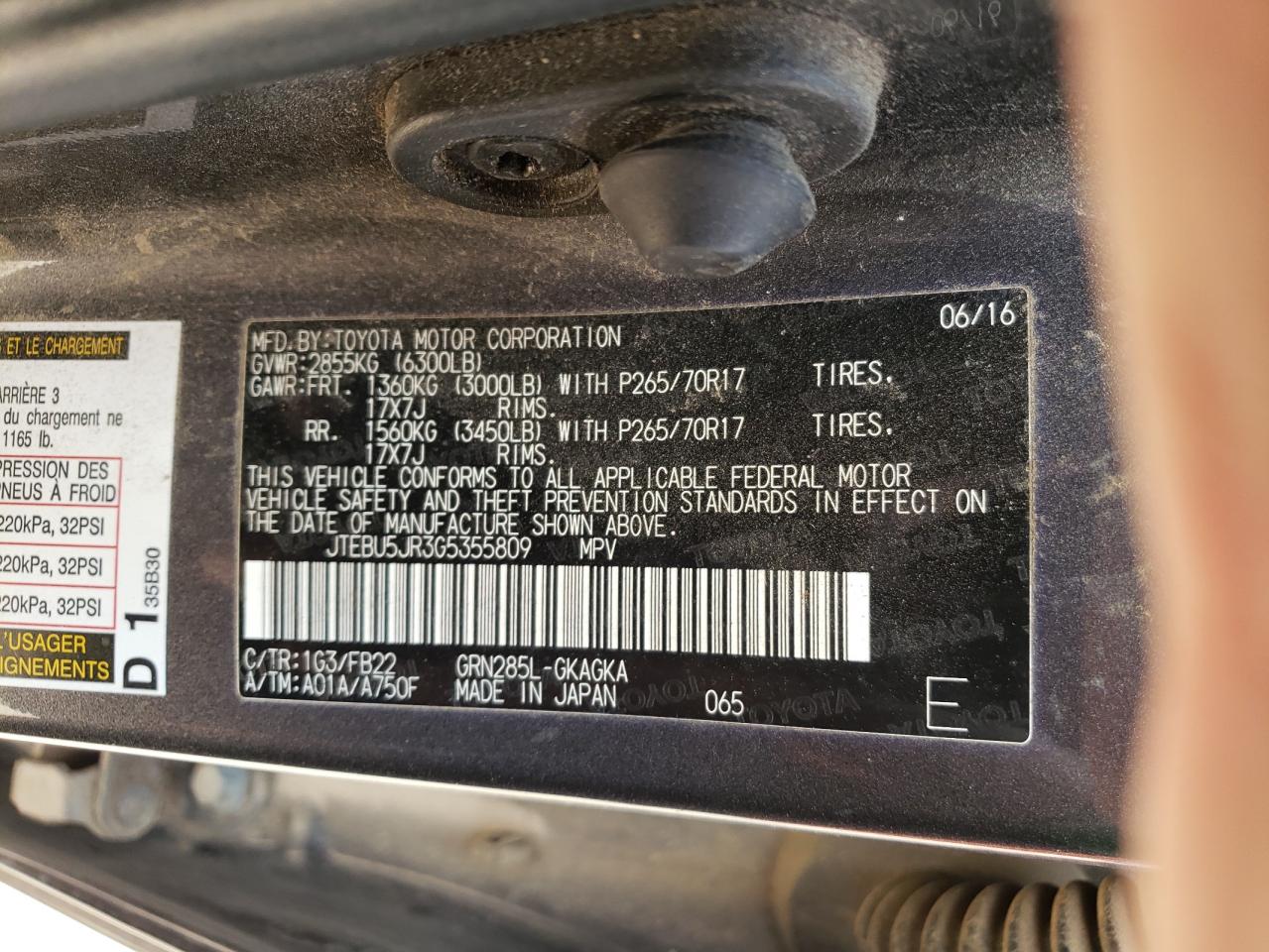 2016 Toyota 4Runner VIN JTEBU5JR3G5355809 Copart auction photo, all over damage thumbnail 12