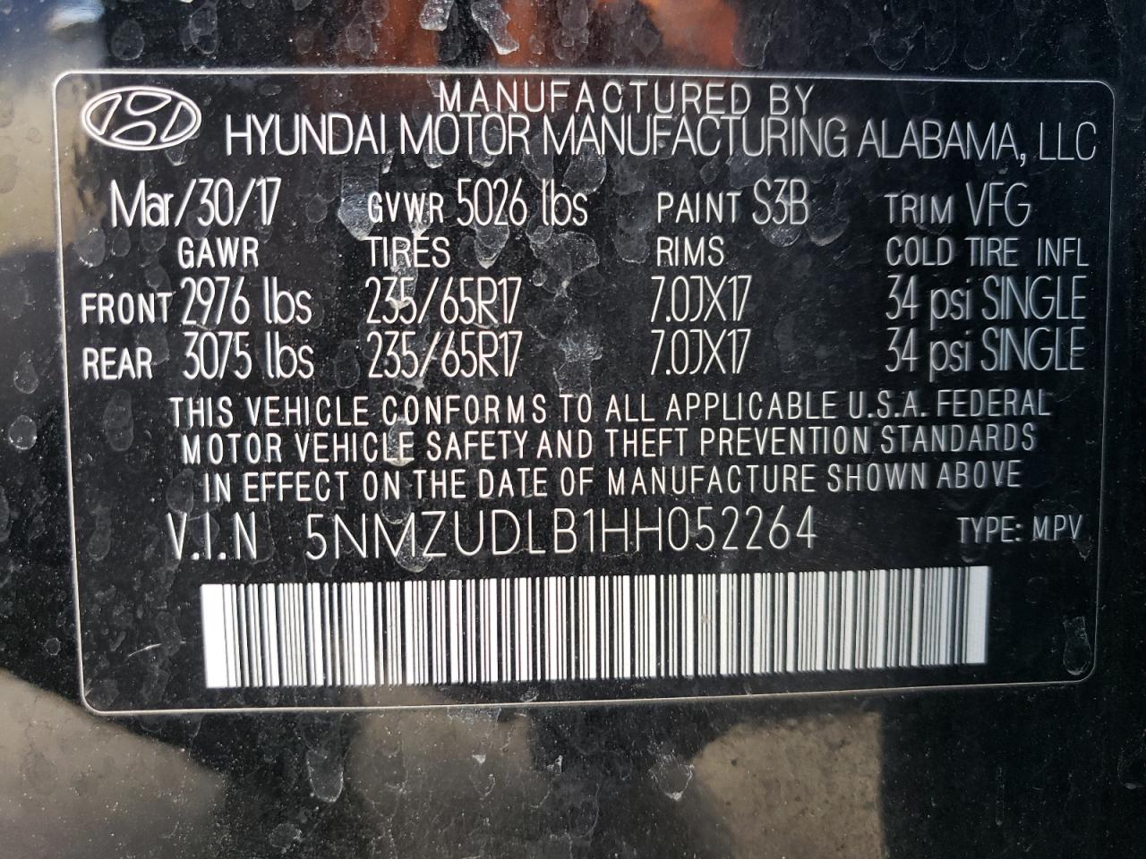 2017 Hyundai Santa Fe VIN 5NMZUDLB1HH052264 Copart auction photo, mechanical / minor dent/scratches damage thumbnail 13