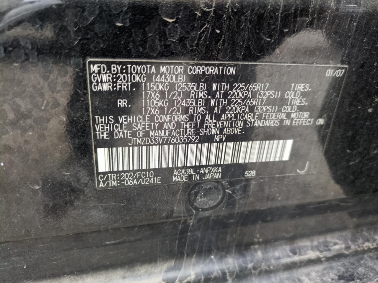 2007 Toyota RAV 4 VIN JTMZD33V776035792 Copart auction photo, mechanical damage thumbnail 12