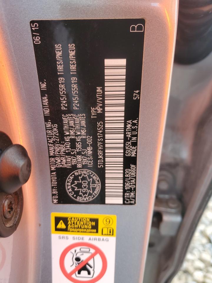 2015 Toyota Highlander VIN 5TDJKRFH7FS174525 Copart auction photo, front end / side damage thumbnail 14
