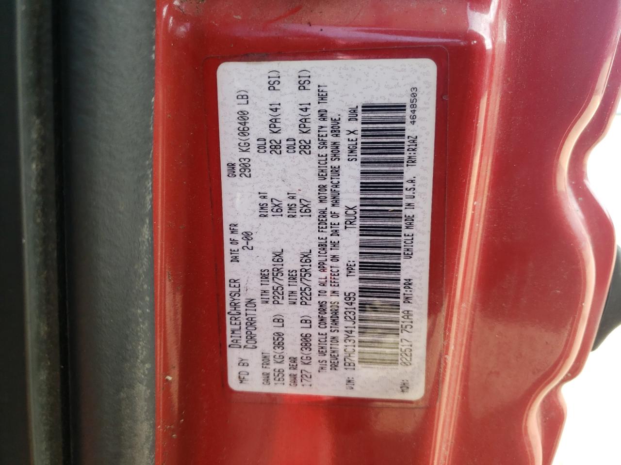 2001 Dodge RAM VIN 1B7HC13Y41J231495 Copart auction photo, side damage thumbnail 12