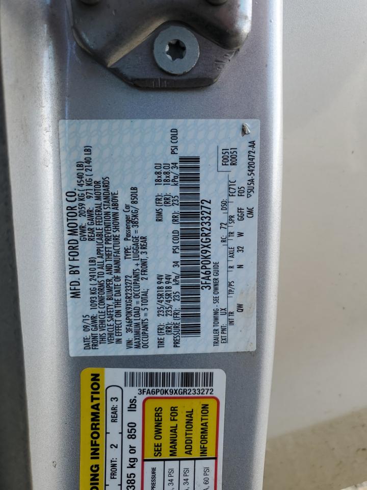 2016 Ford Fusion VIN 3FA6P0K9XGR233272 Copart auction photo, front end / side damage thumbnail 13