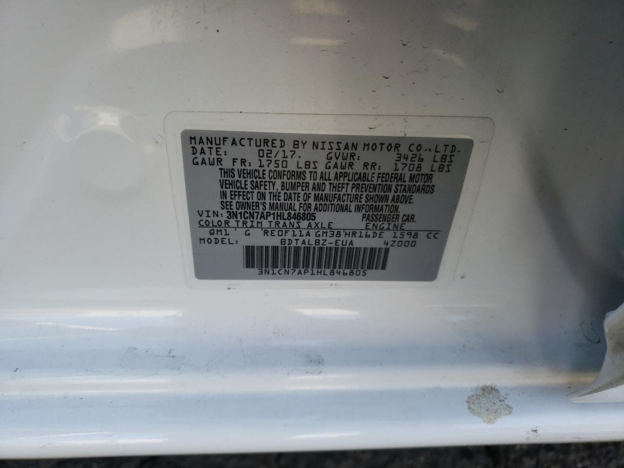2017 Nissan Versa VIN 3N1CN7AP1HL846805 Copart auction photo, front end damage thumbnail 13