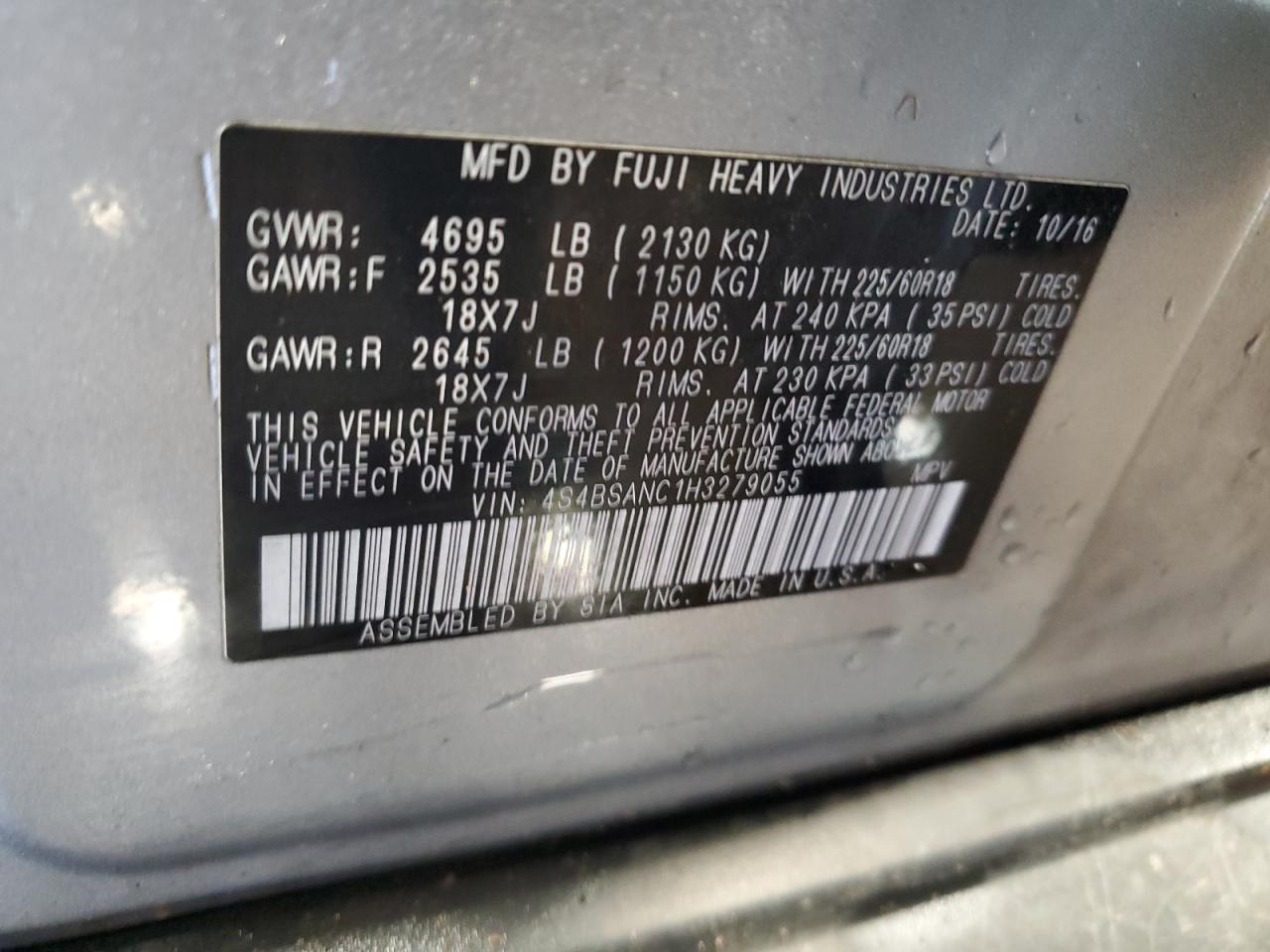 2017 Subaru Outback VIN 4S4BSANC1H3279055 Copart auction photo, front end / side damage thumbnail 13