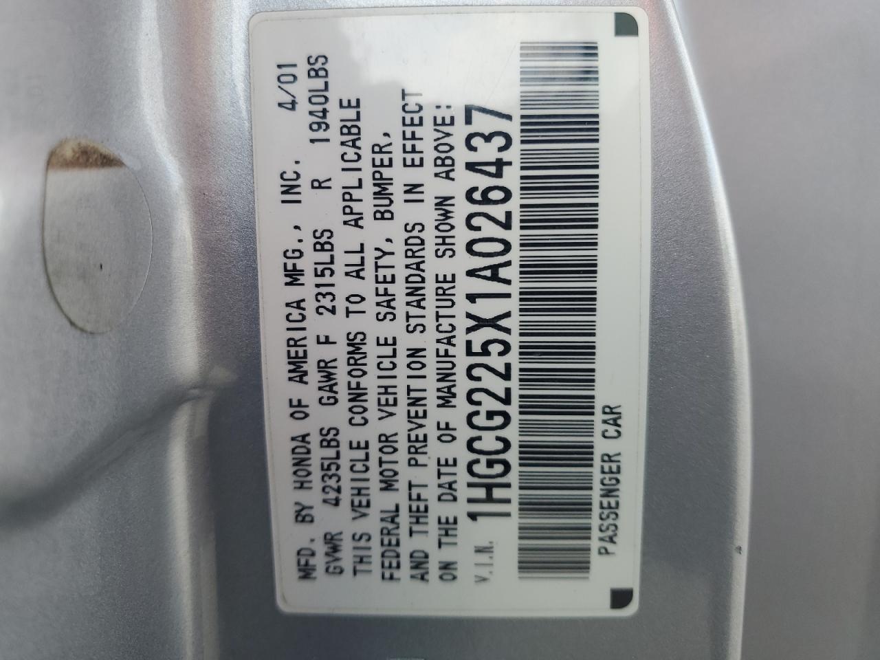 2001 Honda Accord VIN 1HGCG225X1A026437 Copart auction photo, rear end damage thumbnail 13